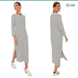 Pomander Place Dress Womens Medium Blue Cream Gio Maxi Striped Long Sleeve Slit